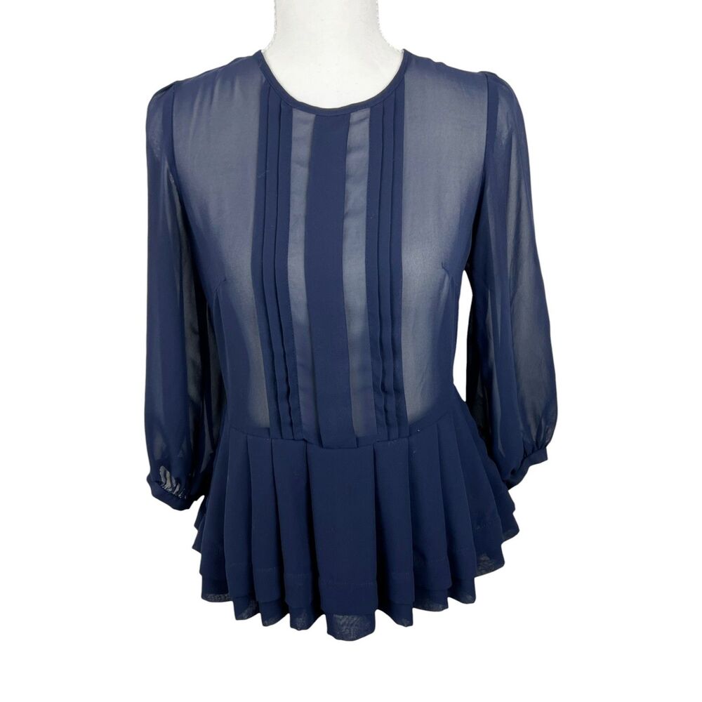 Asos Blouse Women 4 Blue Pleated Long Sleeve Sheer Peplum Casual Top